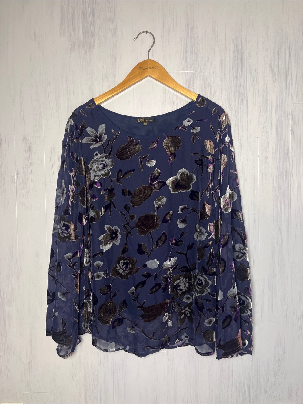 Dalia Navy Crushed Velvet Floral Whimsigoth Blouse Size 1X